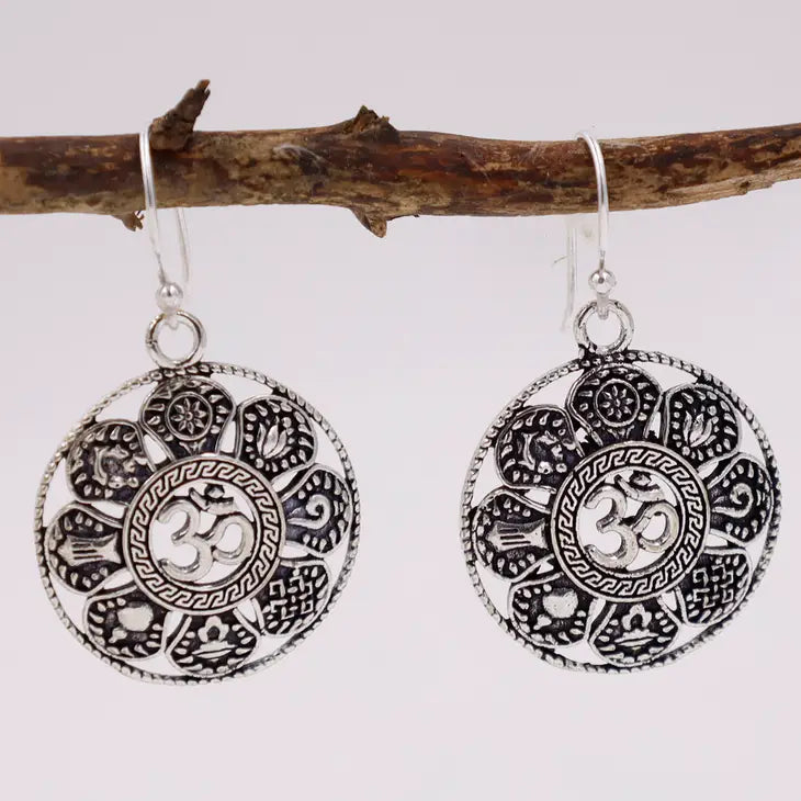 Tibetan OM 8 Lucky Symbols Silver Earrings