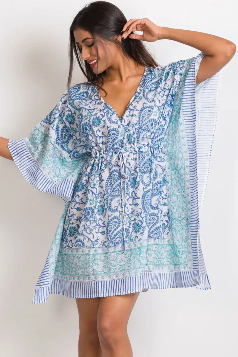 Block-Printed Caftan - Short - Sky Blue and Turquoise