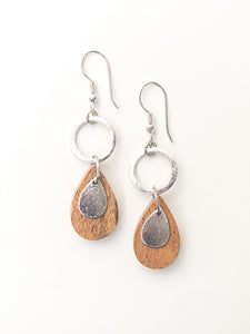 Wooden Teardrop Earrings - silver or brass - Small Things Fair Trade