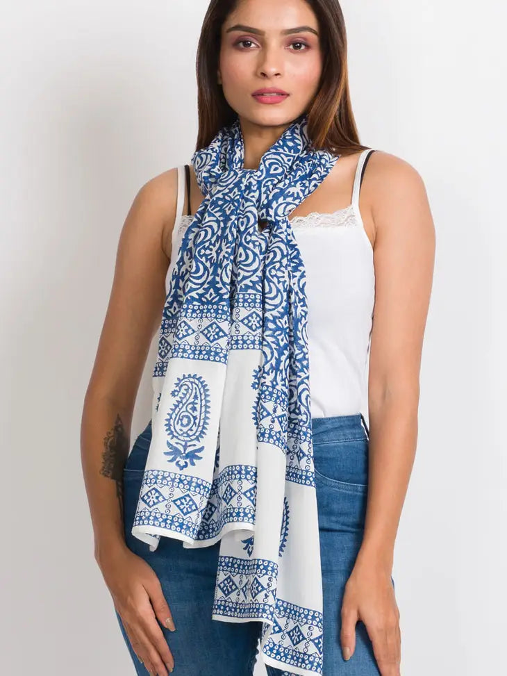 Aruna Block Print Scarves- indigo and white