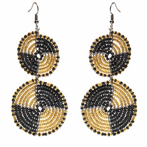 Maasai Bead Double Circle Dangle Earrings, Gold & Black